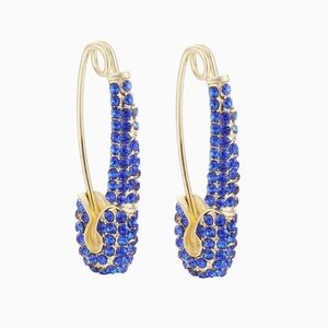 NEW Goldtone Royal Blue CZ Stone Embellished Designer Celeb Paperclip Earrings